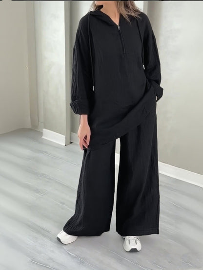 Hooded Half-Zip Top and Wide-Leg Pants Set
