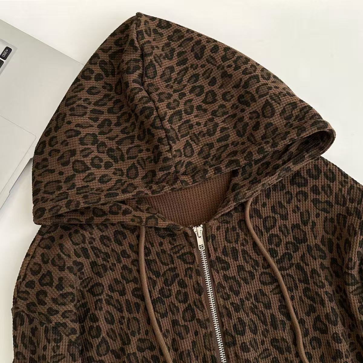 Hooded Leopard Print Waffle Sweatshirt