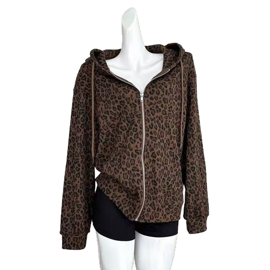 Hooded Leopard Print Waffle Sweatshirt