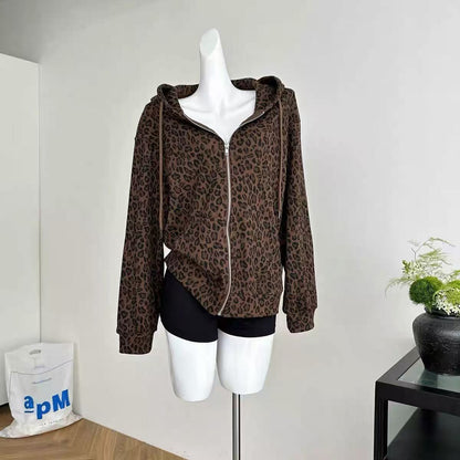 Hooded Leopard Print Waffle Sweatshirt