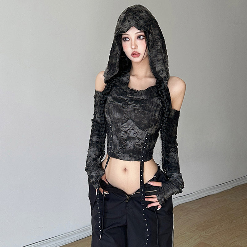 Hooded off-shoulder long sleeves