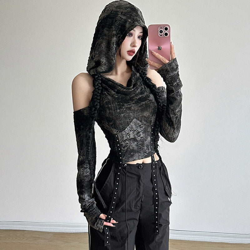 Hooded off-shoulder long sleeves