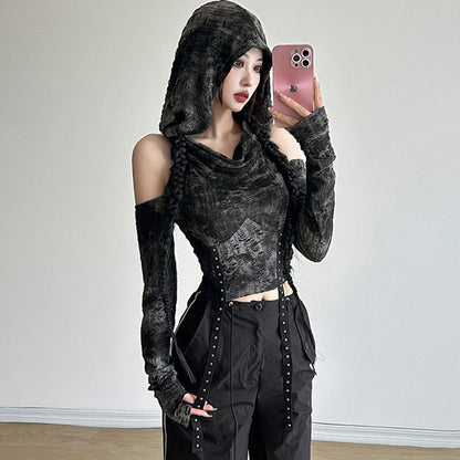 Hooded off-shoulder long sleeves