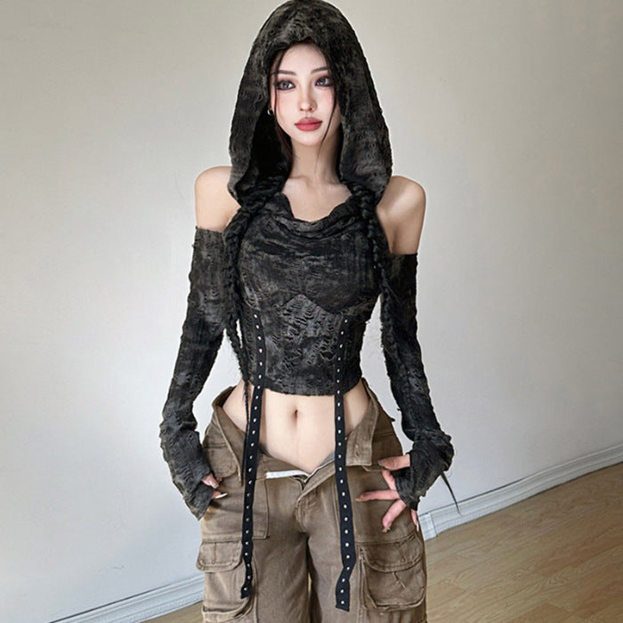 Hooded off-shoulder long sleeves