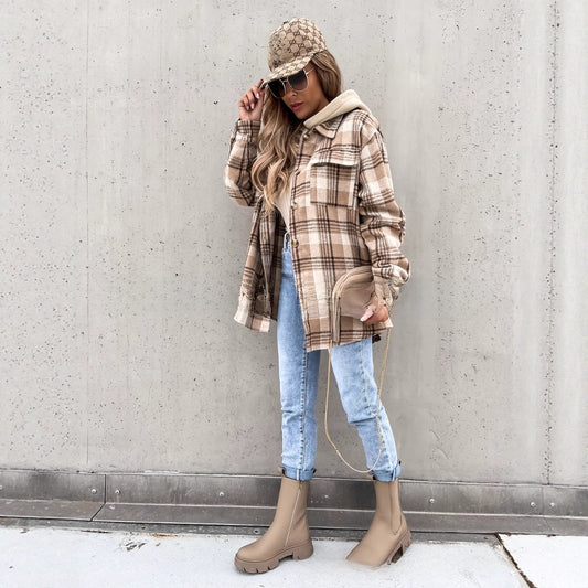 Hooded woolen checkered coat