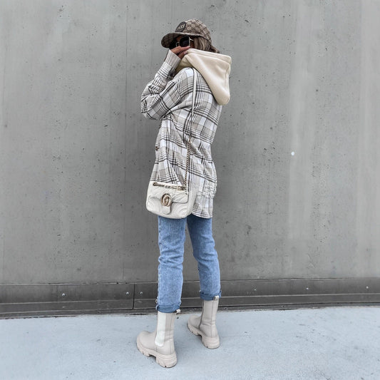 Hooded woolen checkered coat