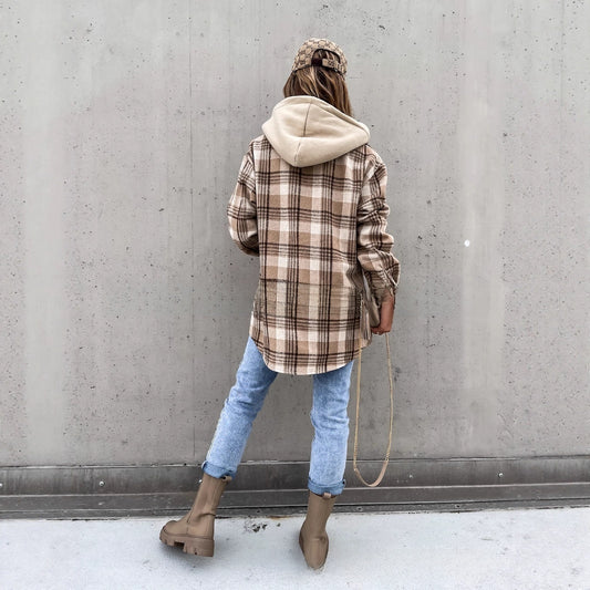 Hooded woolen checkered coat