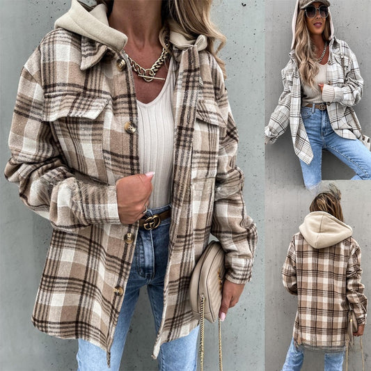 Hooded woolen checkered coat