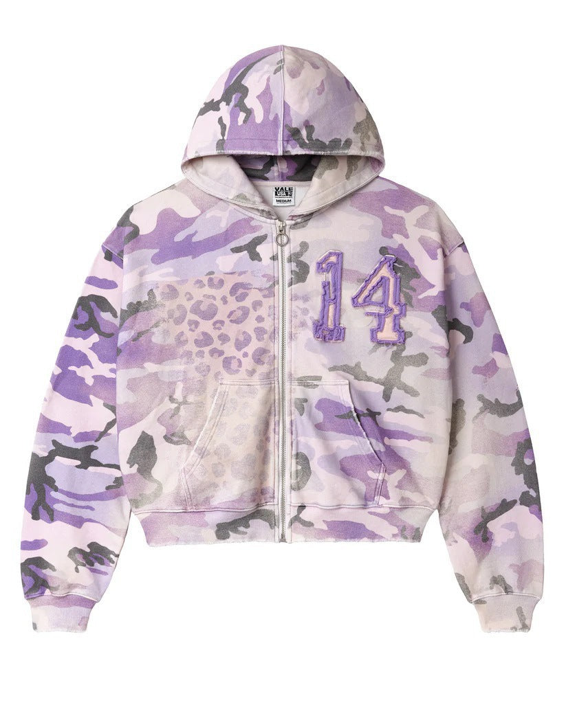 Hooded Zip-Up Camouflage Print Sweatshirt