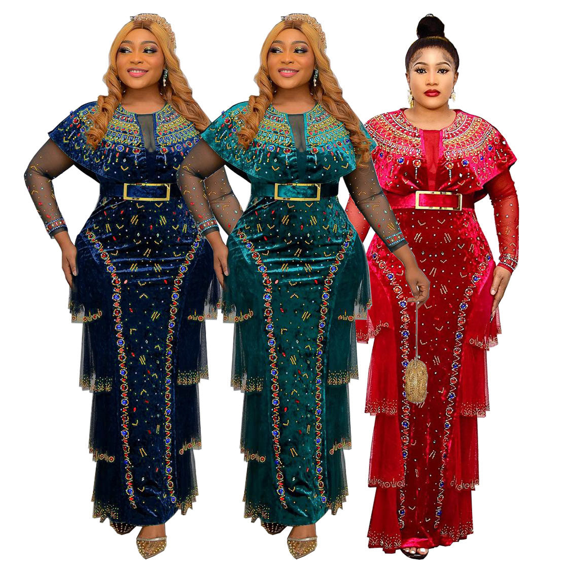 hot drilling nail bead round neck long sleeve dress gold velvet dress African fashion women's clothing