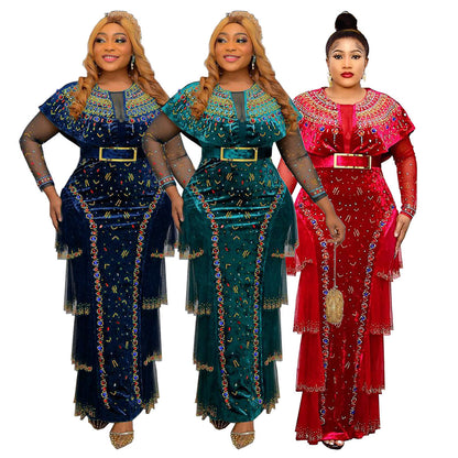 hot drilling nail bead round neck long sleeve dress gold velvet dress African fashion women's clothing