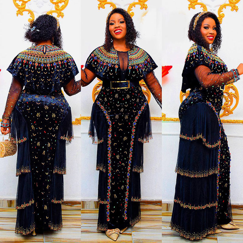 hot drilling nail bead round neck long sleeve dress gold velvet dress African fashion women's clothing