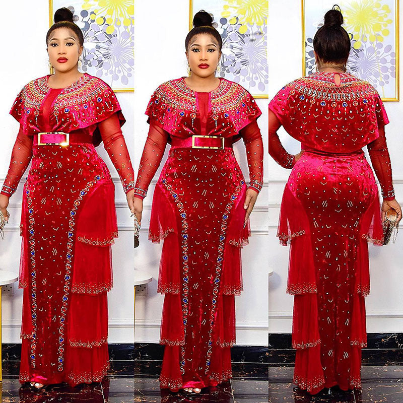 hot drilling nail bead round neck long sleeve dress gold velvet dress African fashion women's clothing