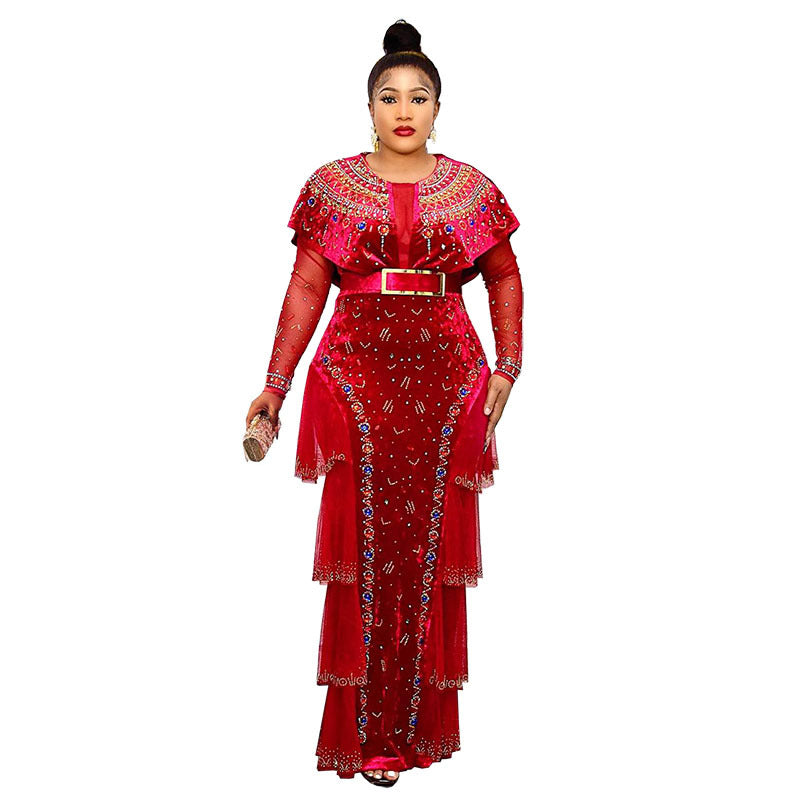 hot drilling nail bead round neck long sleeve dress gold velvet dress African fashion women's clothing