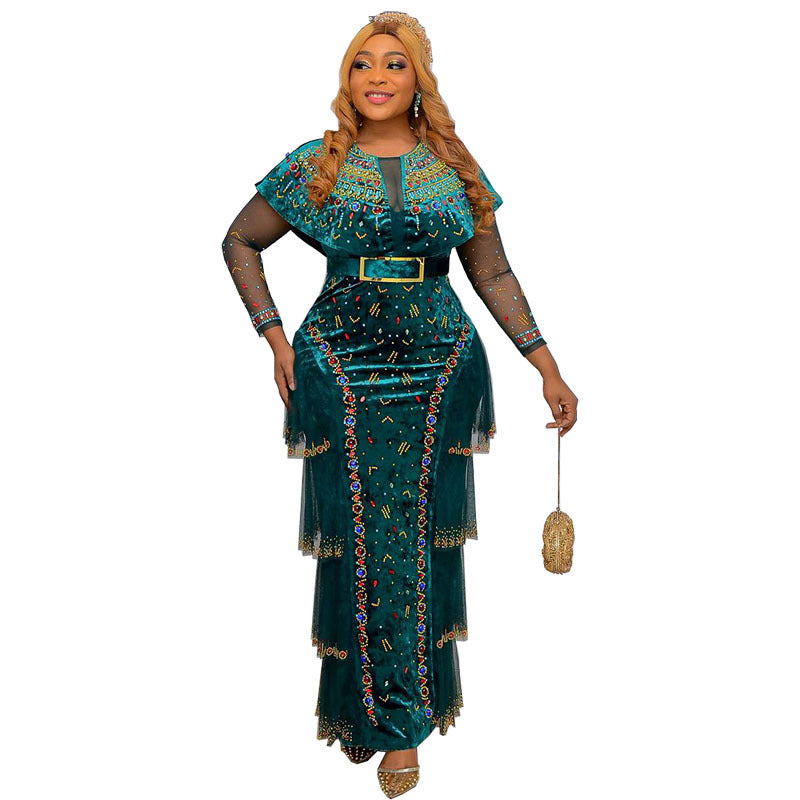 hot drilling nail bead round neck long sleeve dress gold velvet dress African fashion women's clothing