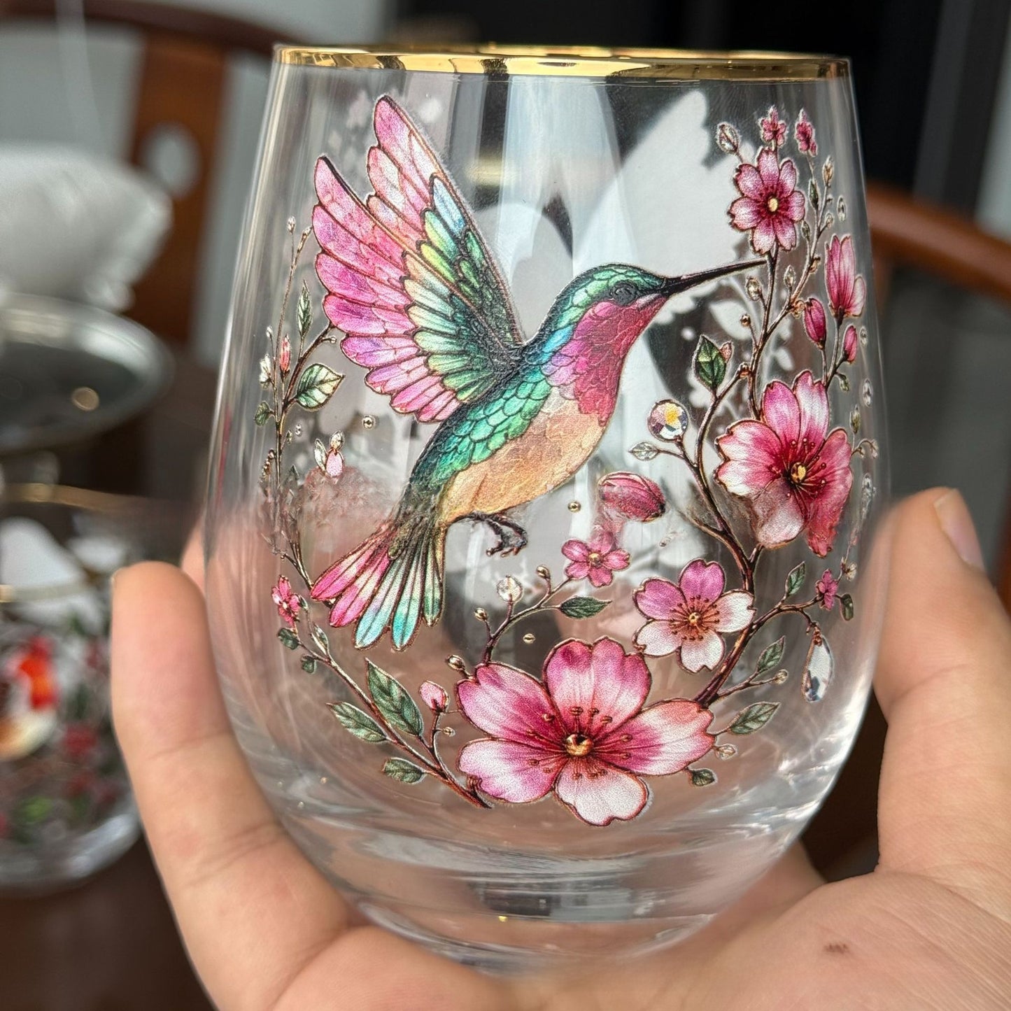 Hummingbird Design Glass Tea Cup
