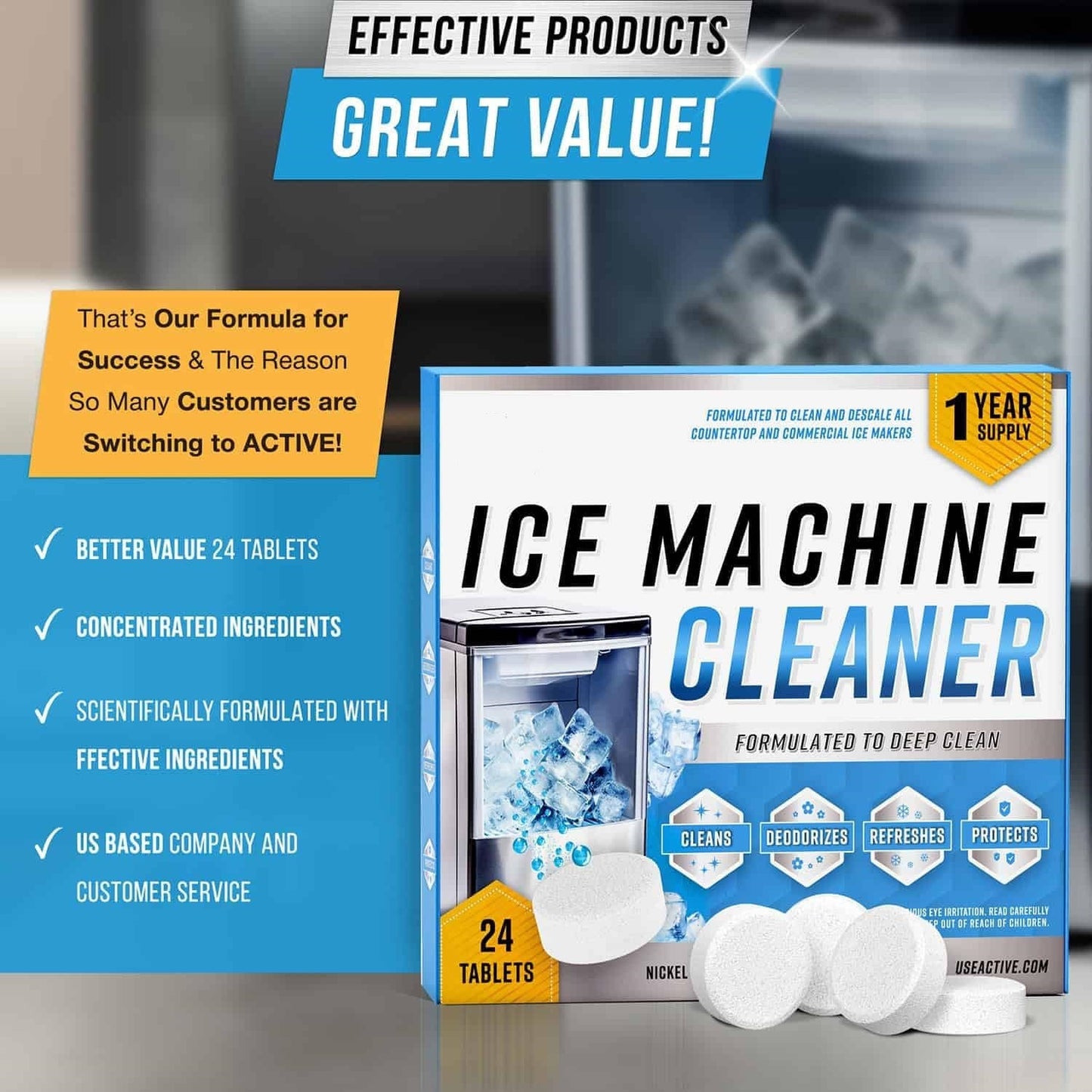 Ice maker cleaning machine descaling tablets