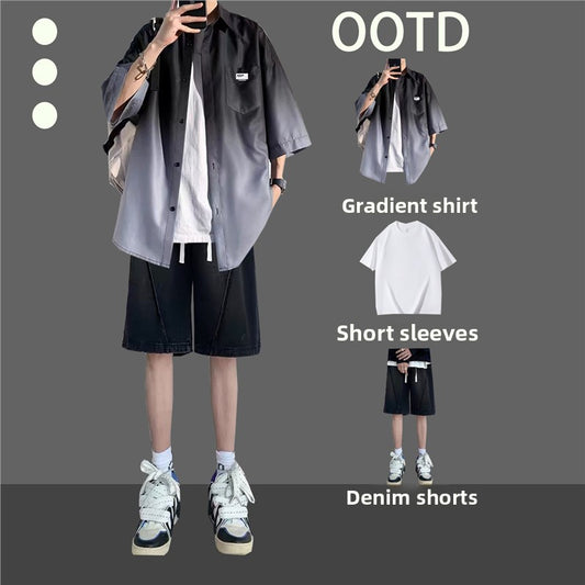 Ice silk gradient shirt and denim shorts