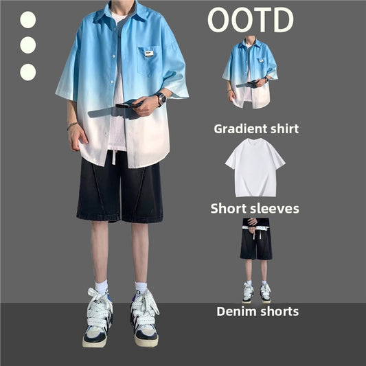 Ice silk gradient shirt and denim shorts