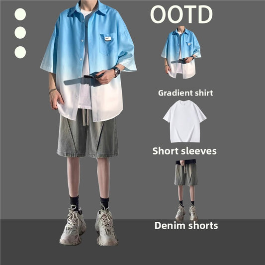 Ice silk gradient shirt and denim shorts