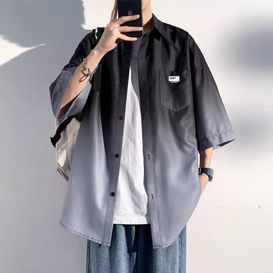 Ice silk gradient shirt and denim shorts