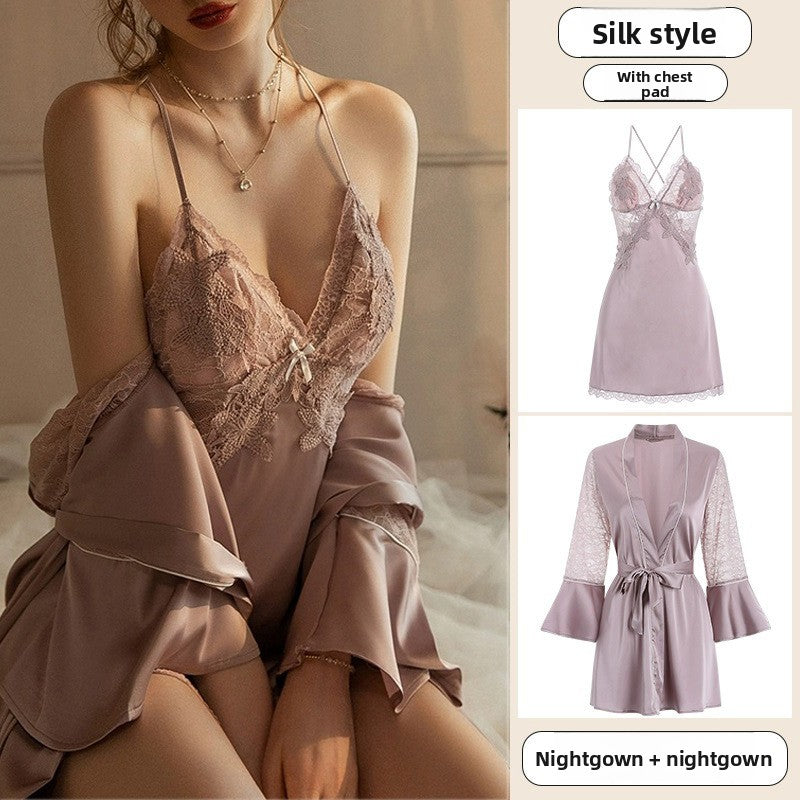 Ice Silk Nightgown Set with Lace Detail