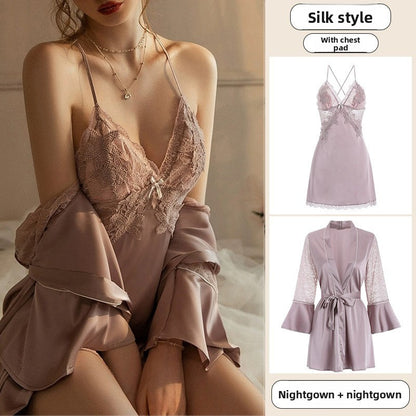 Ice Silk Nightgown Set with Lace Detail