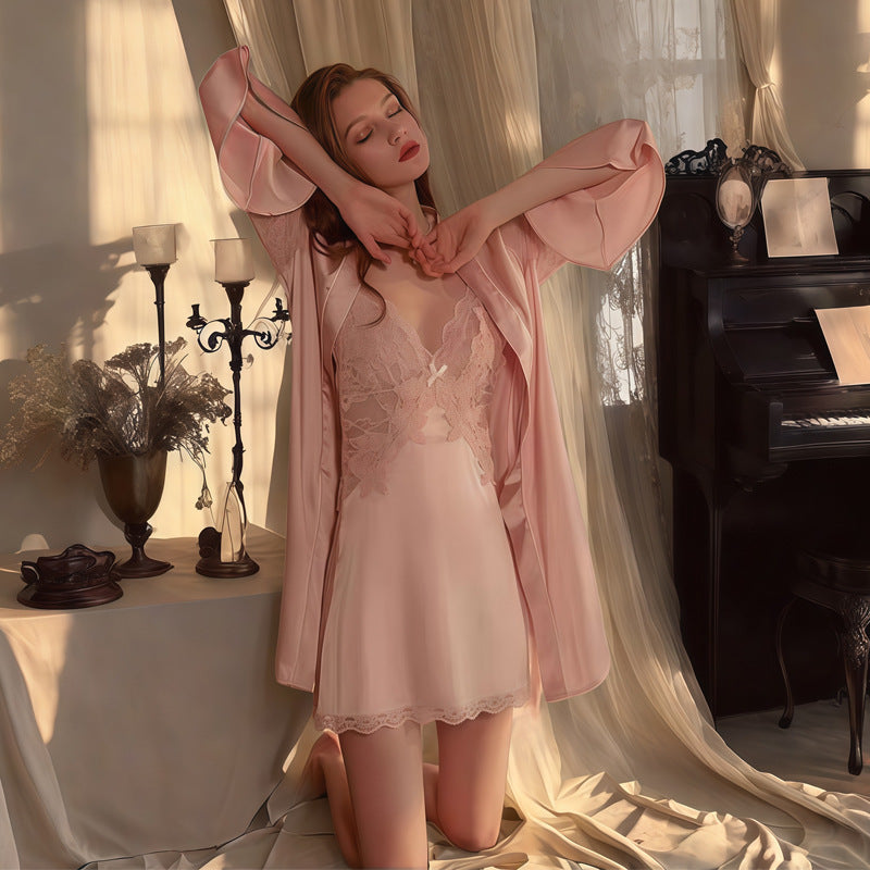 Ice Silk Nightgown Set with Lace Detail