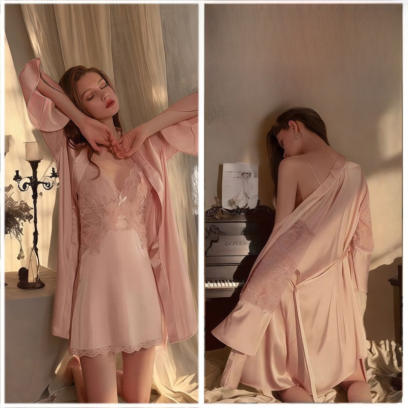Ice Silk Nightgown Set with Lace Detail