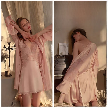 Ice Silk Nightgown Set with Lace Detail