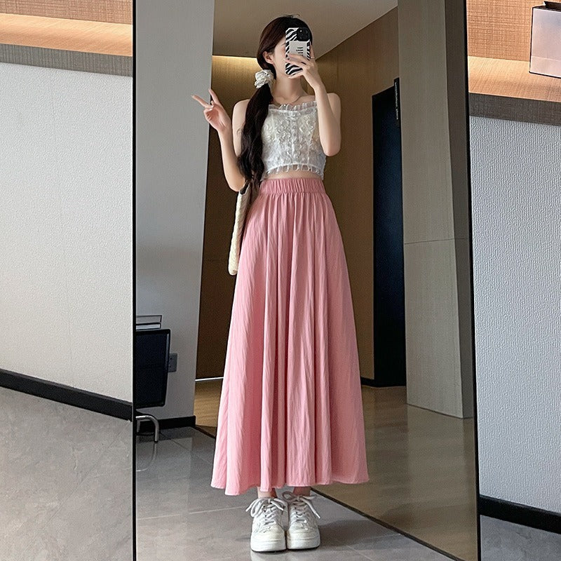 Ice Silk Pleated Skirt for Women High Waisted A-Line Long Skirt