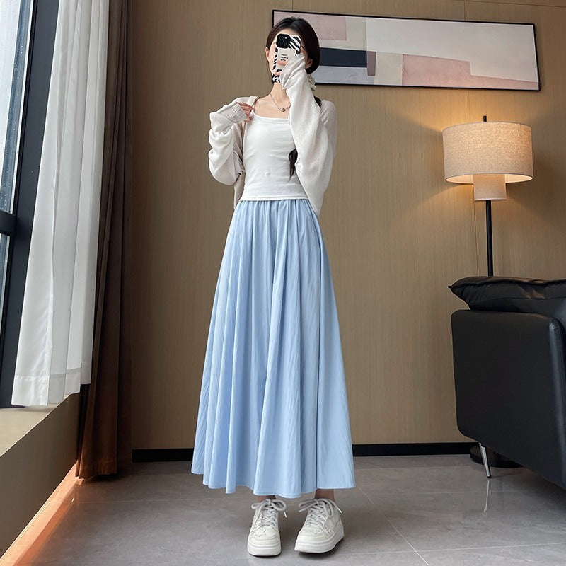 Ice Silk Pleated Skirt for Women High Waisted A-Line Long Skirt