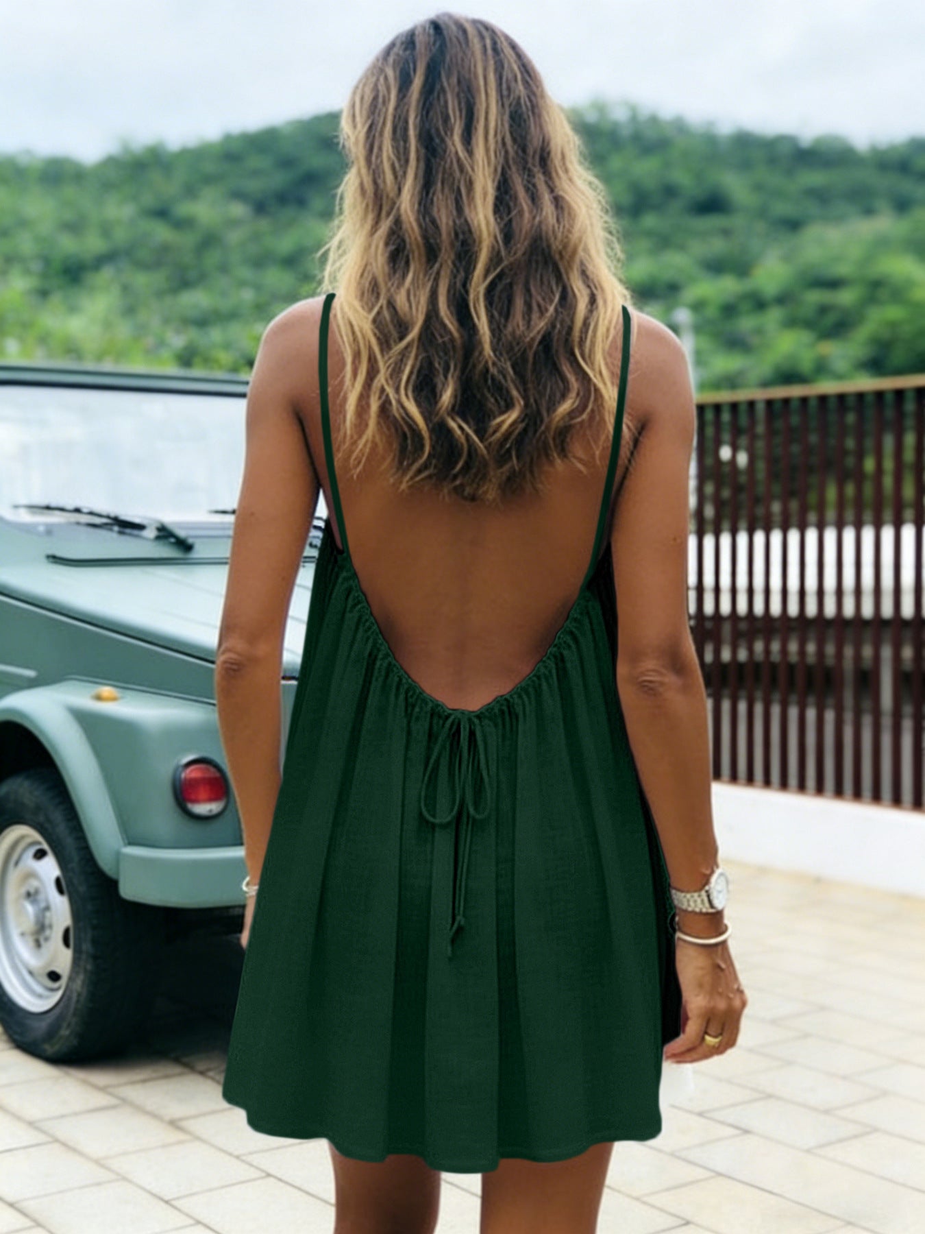 Ice Silk Ruched Backless Short Dress