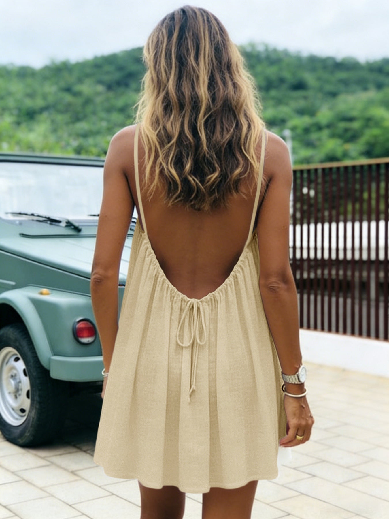 Ice Silk Ruched Backless Short Dress