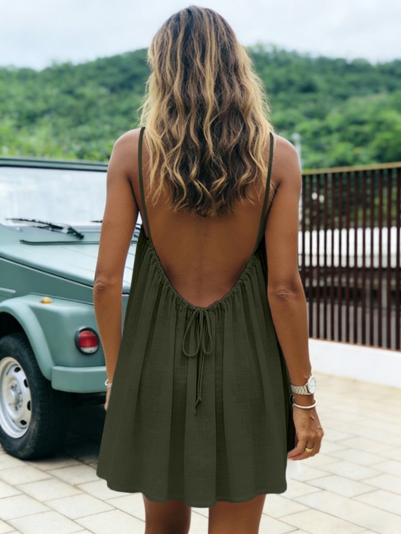 Ice Silk Ruched Backless Short Dress