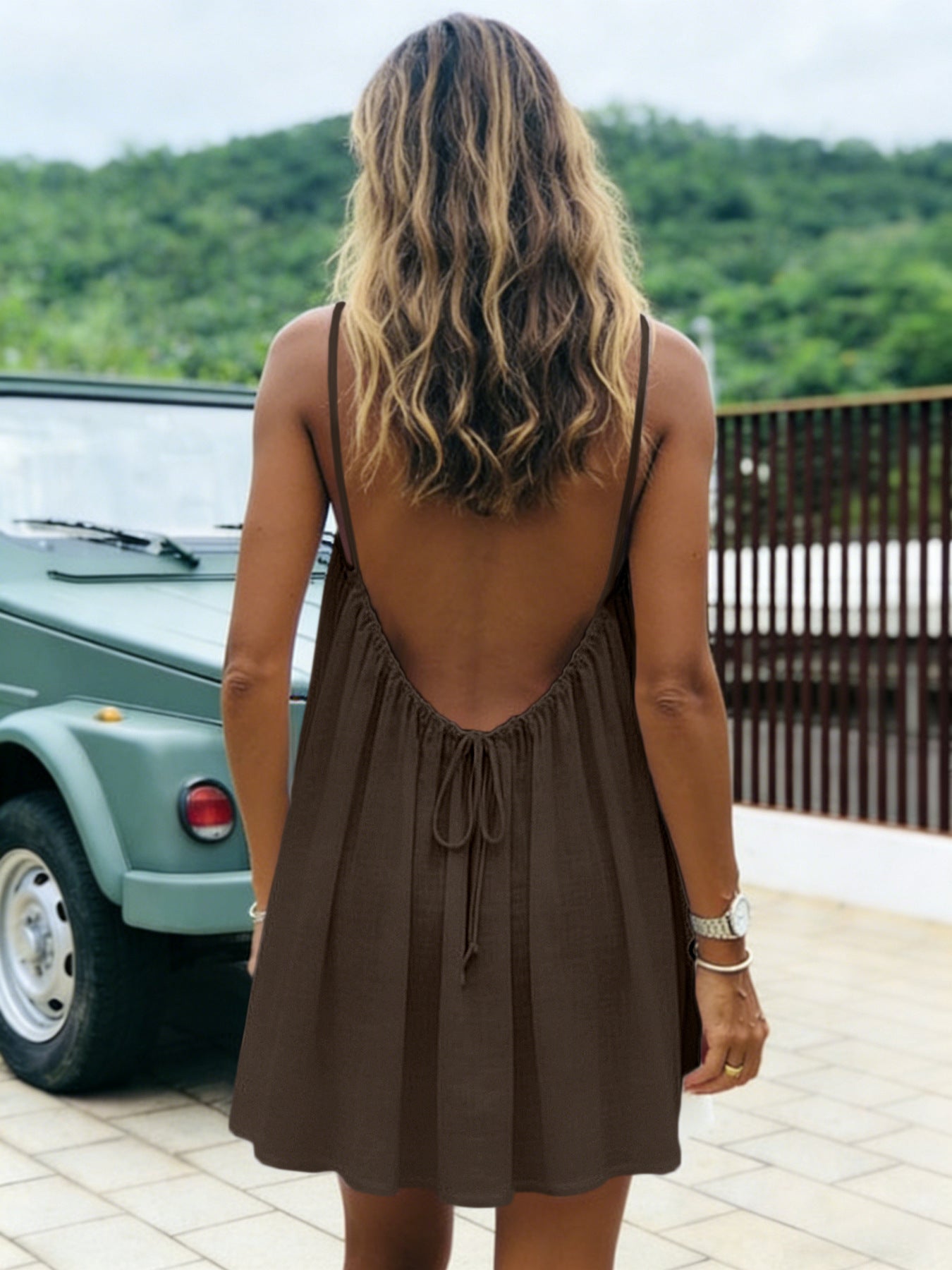 Ice Silk Ruched Backless Short Dress