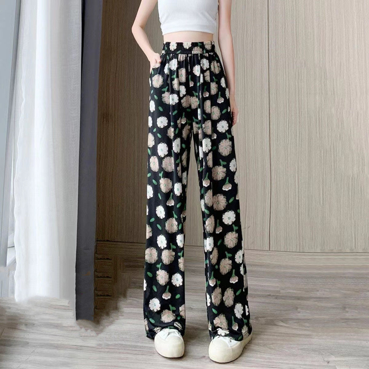 Ice Silk Wide Leg Pants with Print
