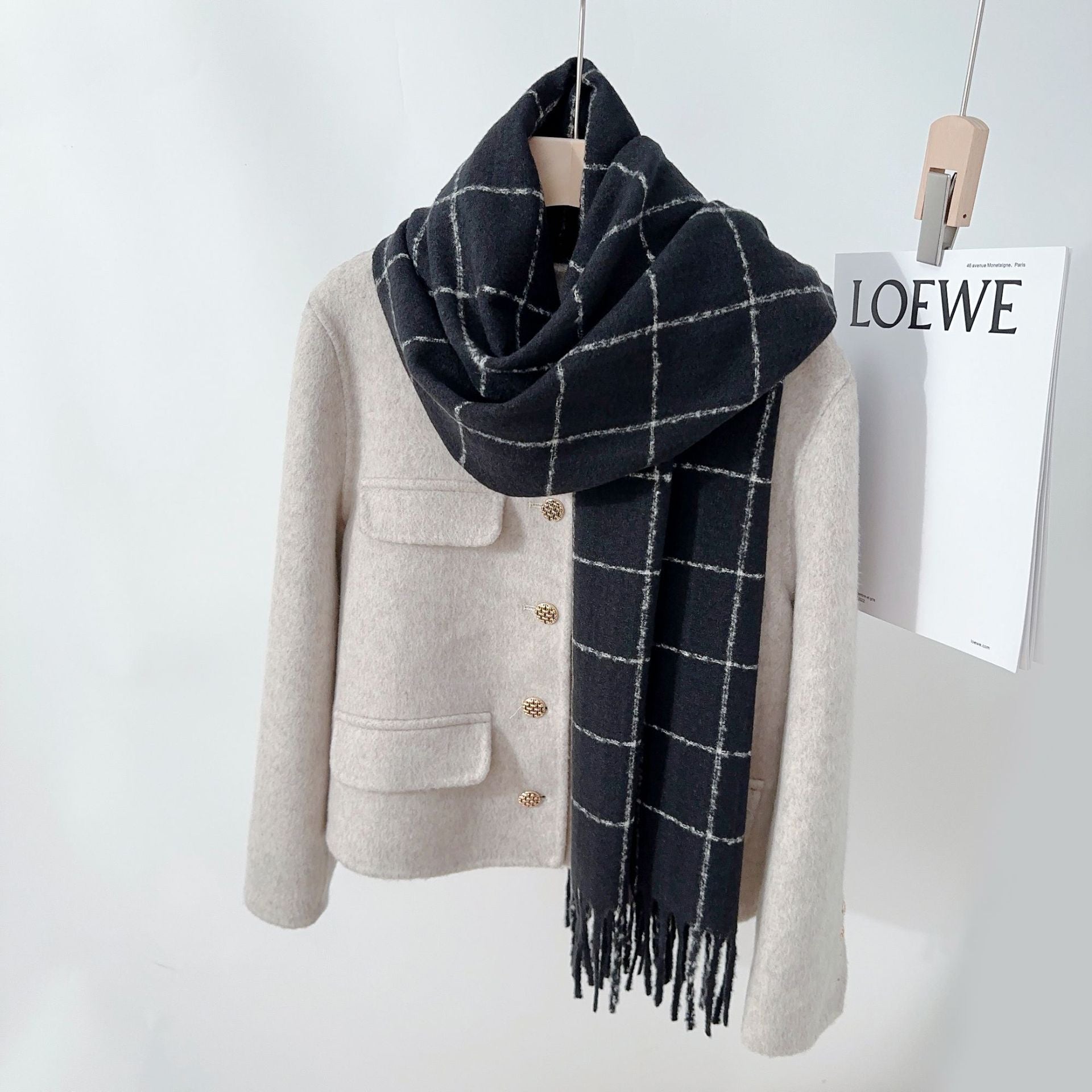 Imitation Cashmere Plaid Scarf with Tassels