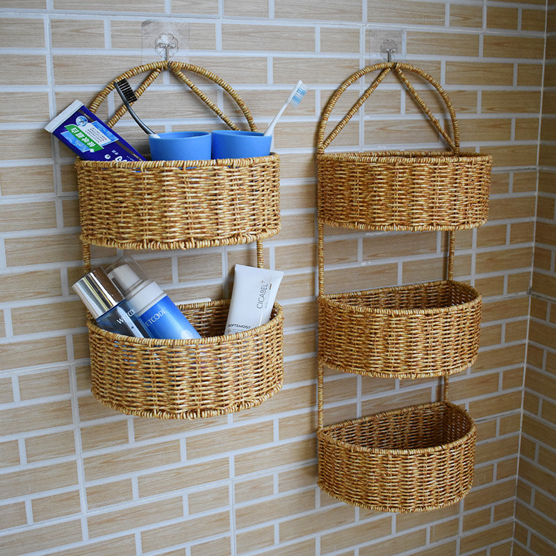Imitation Rattan Woven Basket Three-layer Two-layer Wall-mounted Basket Household Kitchen Ginger and Garlic Storage Basket Kitchenware Hanging Basket Living Room Finishing Frame