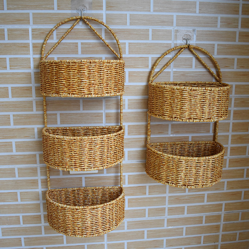 Imitation Rattan Woven Basket Three-layer Two-layer Wall-mounted Basket Household Kitchen Ginger and Garlic Storage Basket Kitchenware Hanging Basket Living Room Finishing Frame