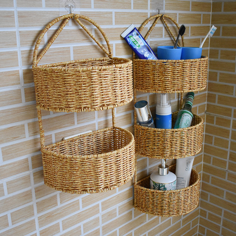 Imitation Rattan Woven Basket Three-layer Two-layer Wall-mounted Basket Household Kitchen Ginger and Garlic Storage Basket Kitchenware Hanging Basket Living Room Finishing Frame