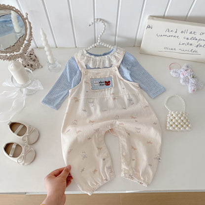 Infant Girls' Cotton Overalls and Lace Collar Shirt Set