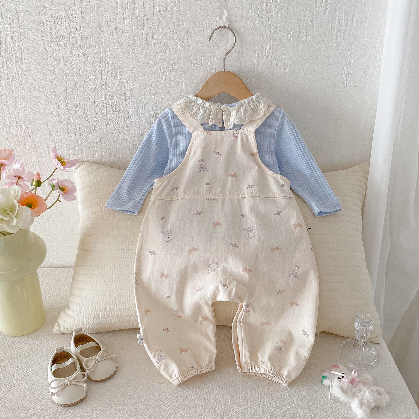 Infant Girls' Cotton Overalls and Lace Collar Shirt Set