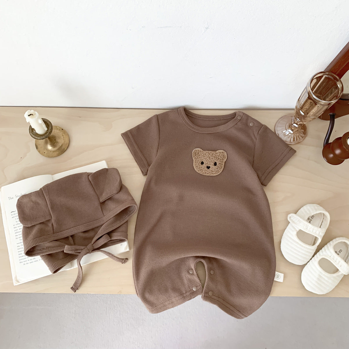Infant Short-Sleeve Romper with Bear Print