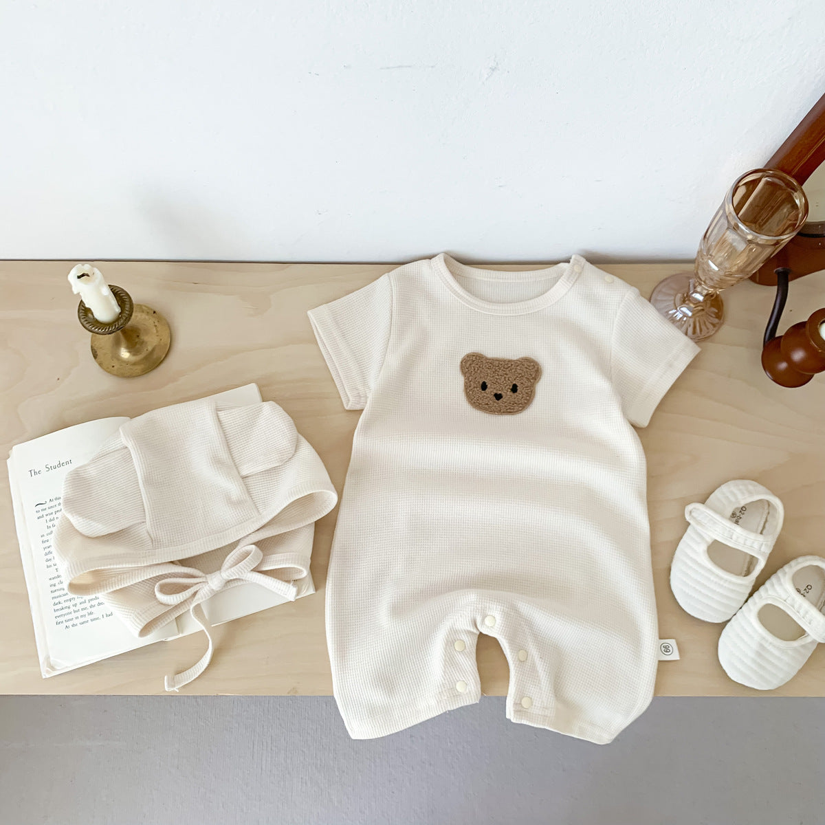 Infant Short-Sleeve Romper with Bear Print