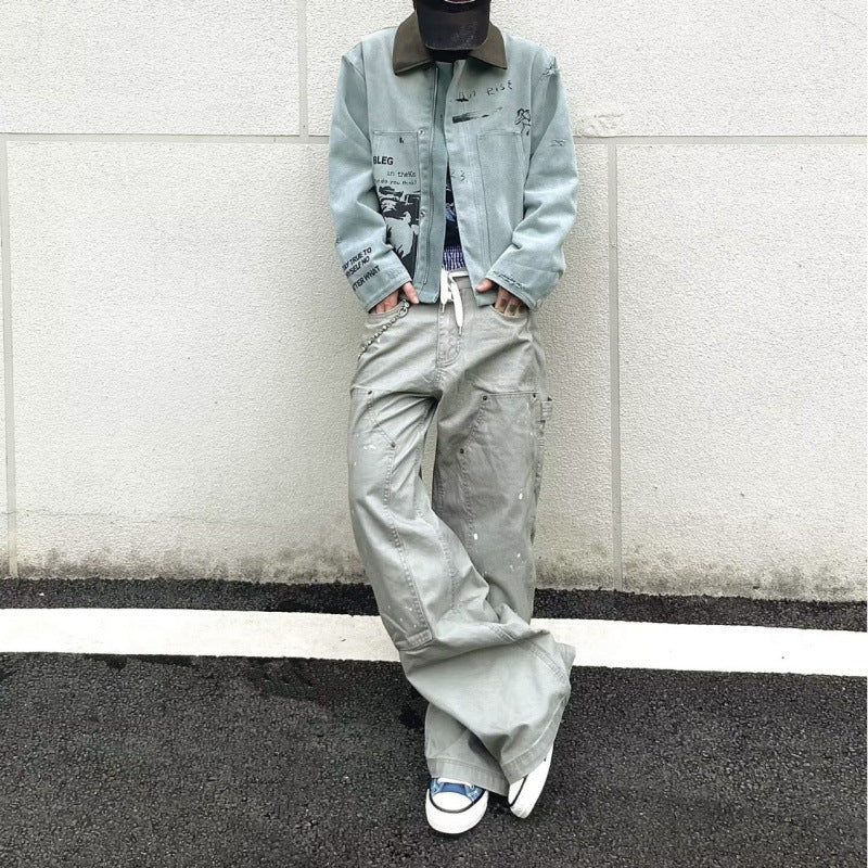 Ink Splash Scimitar Jeans Retro Washed Gray Loose Pants