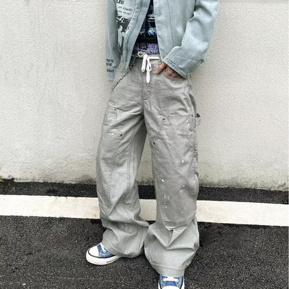 Ink Splash Scimitar Jeans Retro Washed Gray Loose Pants