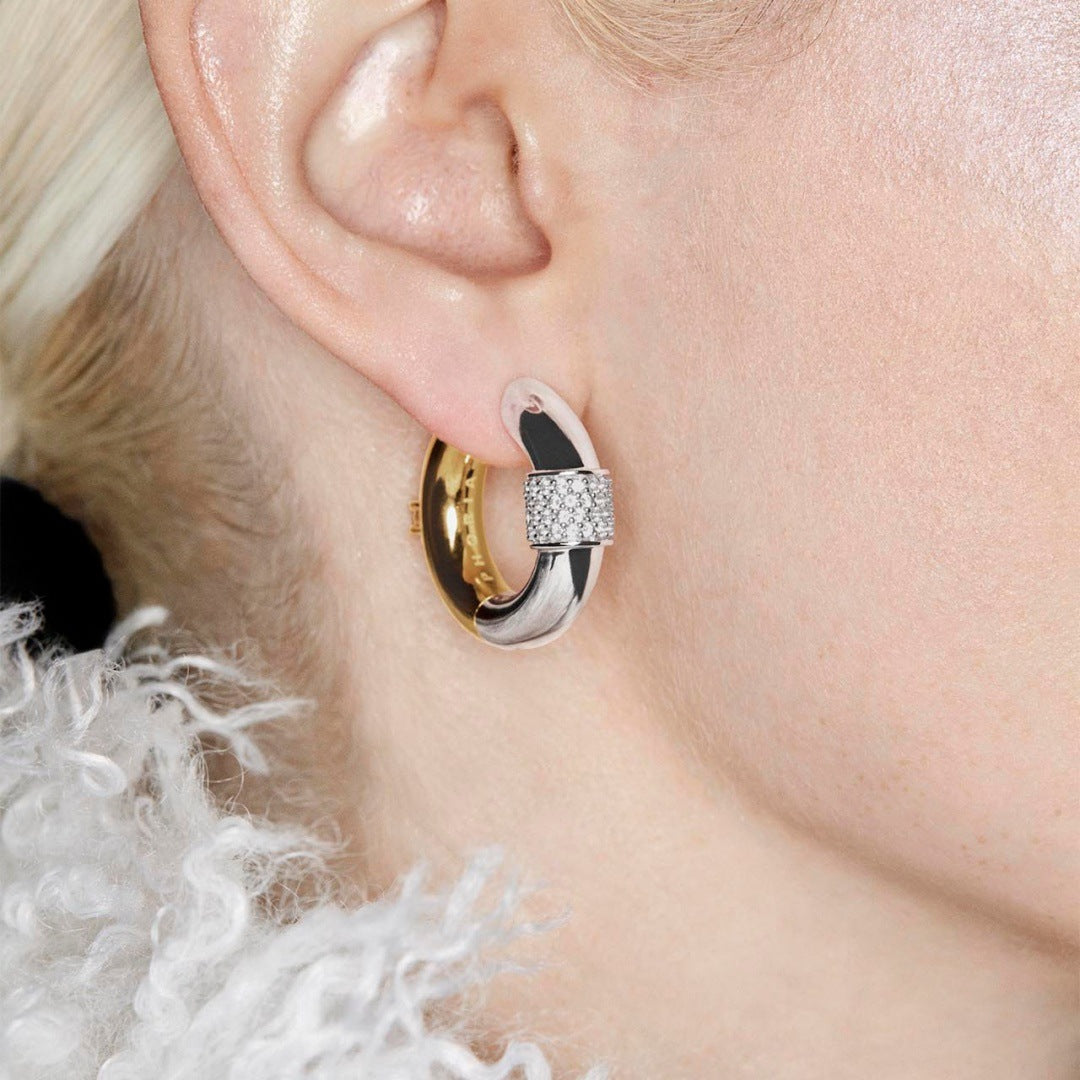 Inlaid with Zircon, Gold and Silver Two-Tone Ear Clips