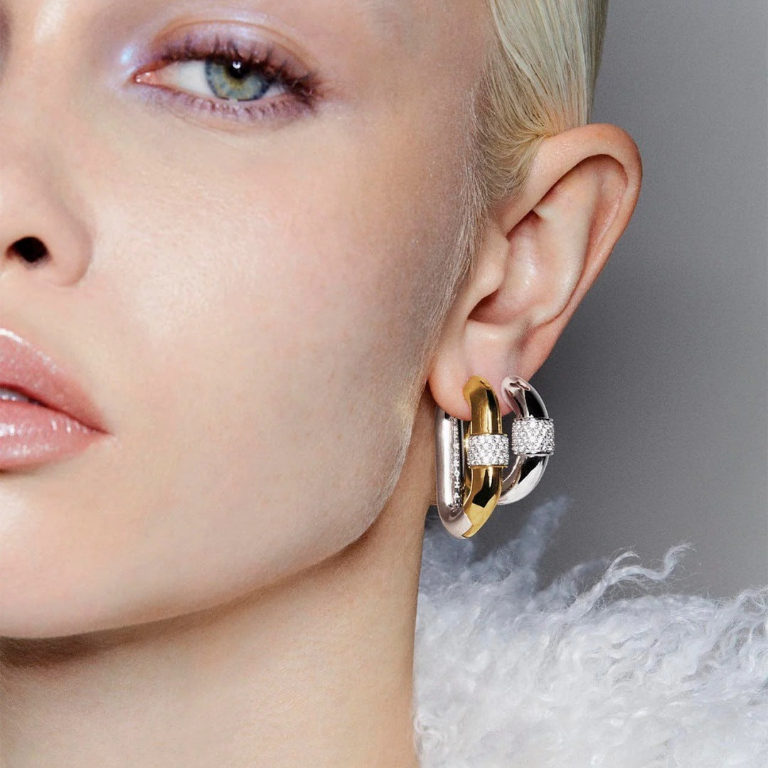 Inlaid with Zircon, Gold and Silver Two-Tone Ear Clips