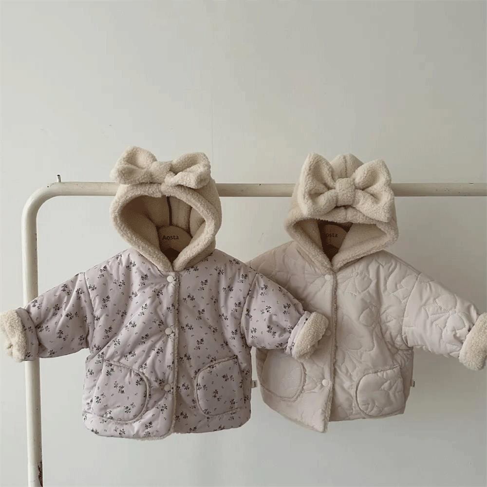 Ins Korean Style Autumn and Winter New Baby Girl's Thickened Hooded Cotton-padded Jacket Girl's Lamb Fleece Floral Cotton-padded Jacket